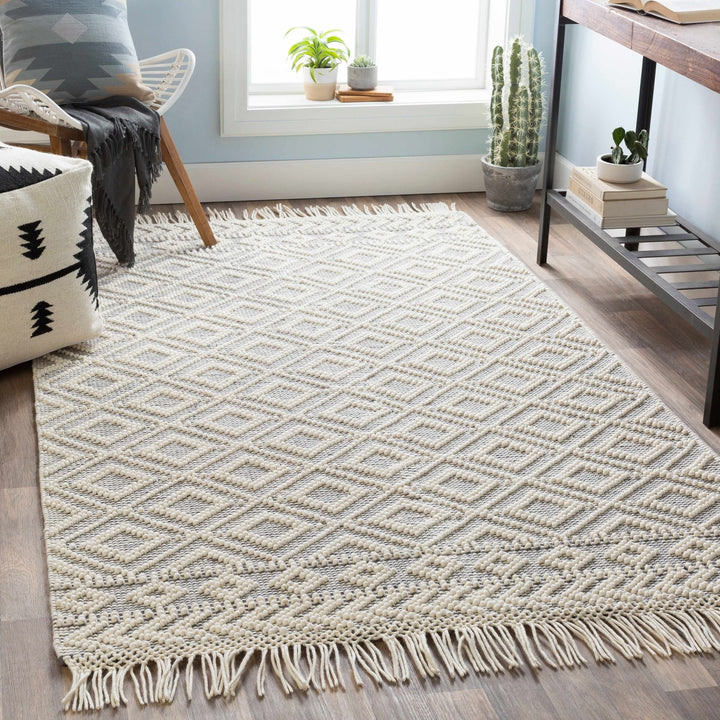 Ivory and Charcoal Flatwoven Traditional Geometrical design Dhurrie Rug Woolen Chunky and Soft Trellis Wool and Cotton Area Rug - The Rug Decor