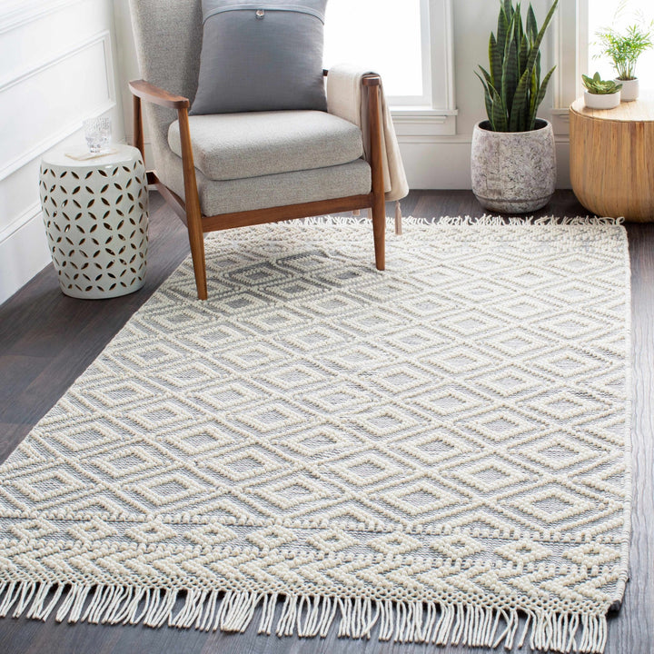Ivory and Charcoal Flatwoven Traditional Geometrical design Dhurrie Rug Woolen Chunky and Soft Trellis Wool and Cotton Area Rug - The Rug Decor