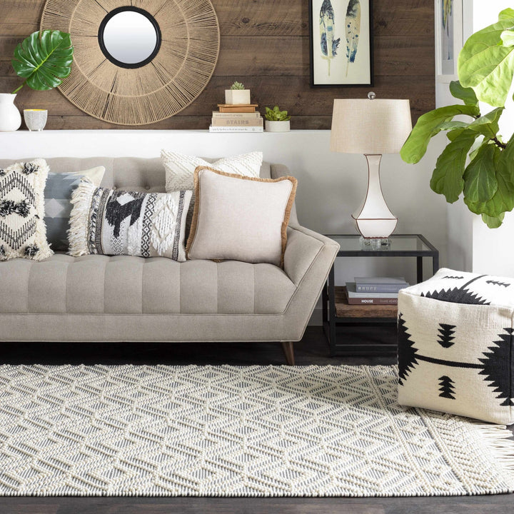 Ivory and Charcoal Flatwoven Traditional Geometrical design Dhurrie Rug Woolen Chunky and Soft Trellis Wool and Cotton Area Rug - The Rug Decor