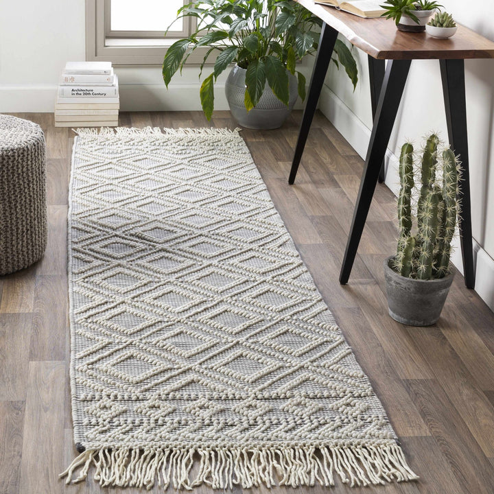 Ivory and Charcoal Flatwoven Traditional Geometrical design Dhurrie Rug Woolen Chunky and Soft Trellis Wool and Cotton Area Rug - The Rug Decor