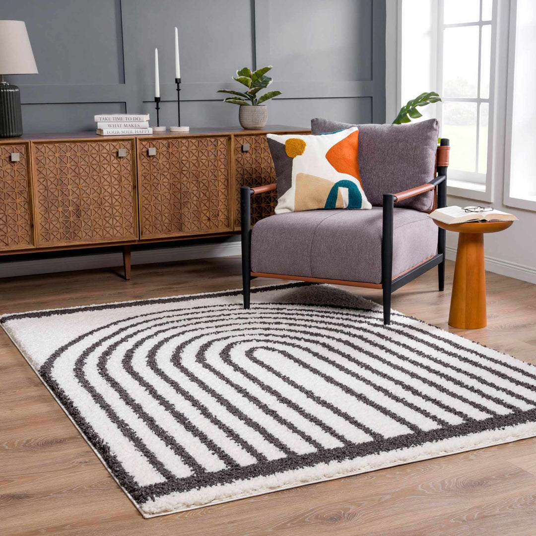 Ivory and Charcoal Geometrical Moroccan Design Plush Pile Area Rug - The Rug Decor