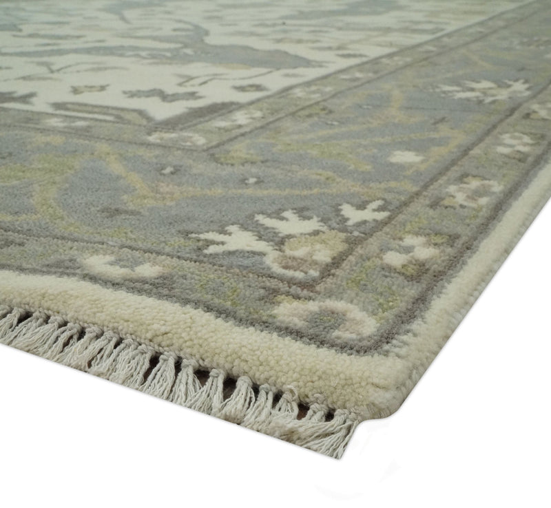 Ivory and Gray 5.8x9 Hand Knotted Traditional Oriental Oushak wool area rug - The Rug Decor