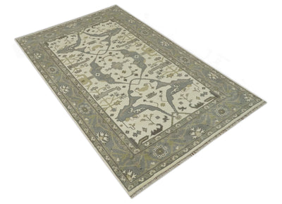 Ivory and Gray 5.8x9 Hand Knotted Traditional Oriental Oushak wool area rug - The Rug Decor