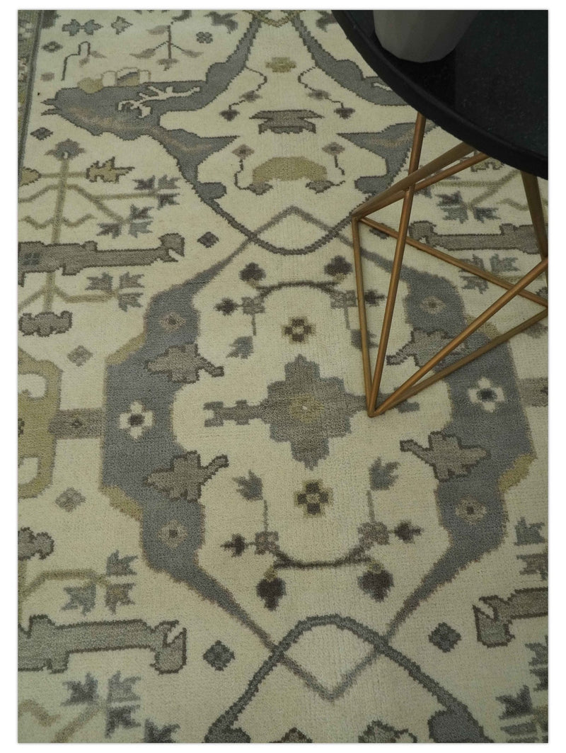 Ivory and Gray 5.8x9 Hand Knotted Traditional Oriental Oushak wool area rug - The Rug Decor