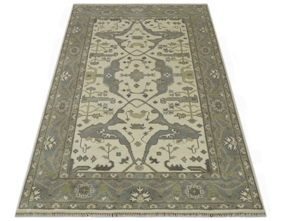 Ivory and Gray 5.8x9 Hand Knotted Traditional Oriental Oushak wool area rug - The Rug Decor