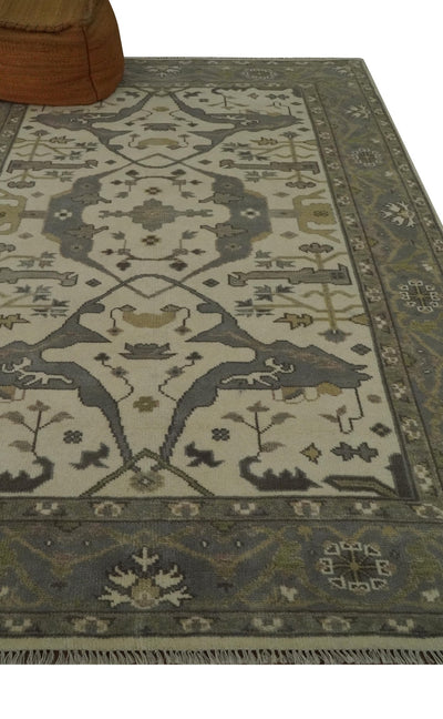 Ivory and Gray 5.8x9 Hand Knotted Traditional Oriental Oushak wool area rug - The Rug Decor