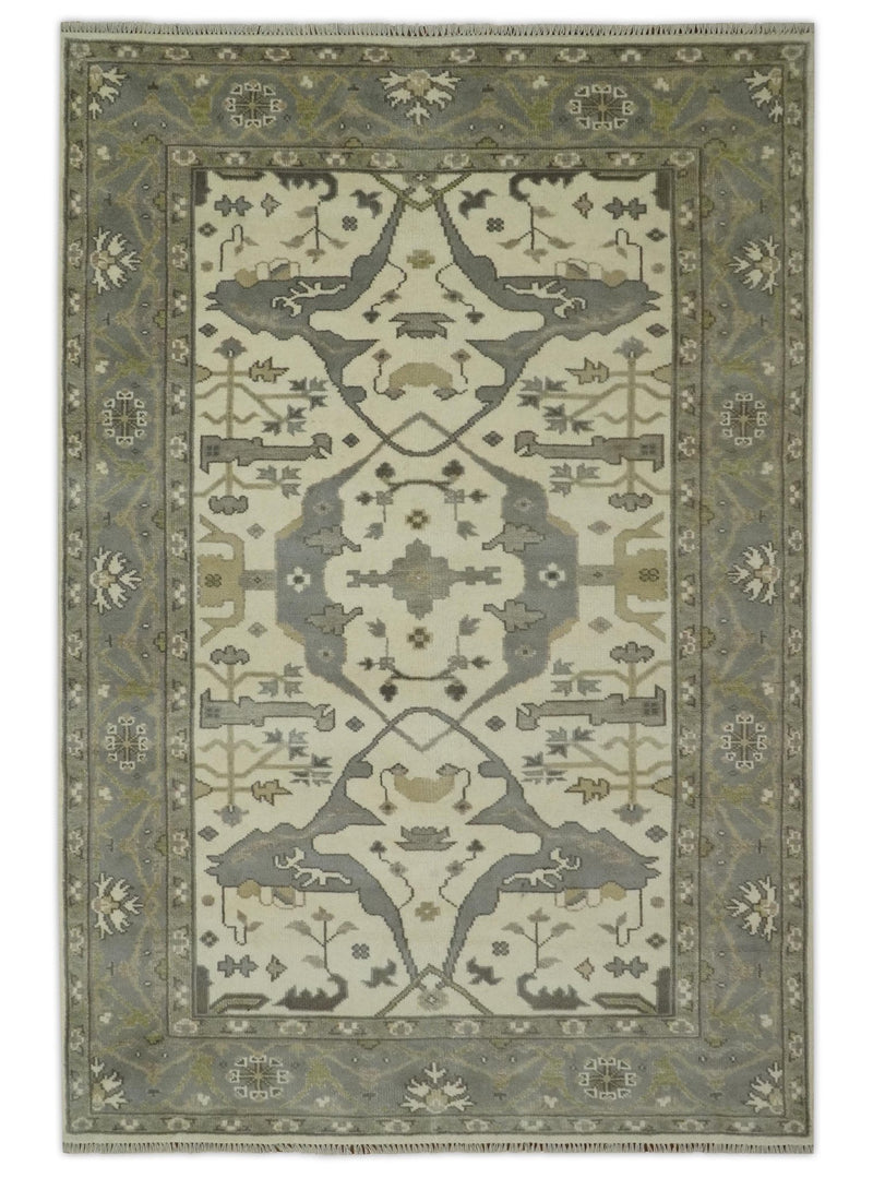 Ivory and Gray 5.8x9 Hand Knotted Traditional Oriental Oushak wool area rug - The Rug Decor