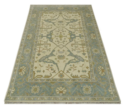 Ivory and Gray and Olive 6x9.6 Hand Knotted Traditional Oriental Oushak wool rug - The Rug Decor