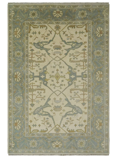 Ivory and Gray and Olive 6x9.6 Hand Knotted Traditional Oriental Oushak wool rug - The Rug Decor