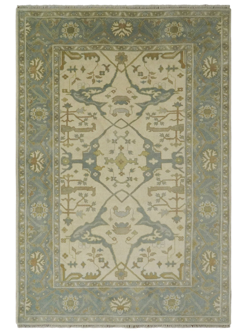 Ivory and Gray and Olive 6x9.6 Hand Knotted Traditional Oriental Oushak wool rug - The Rug Decor