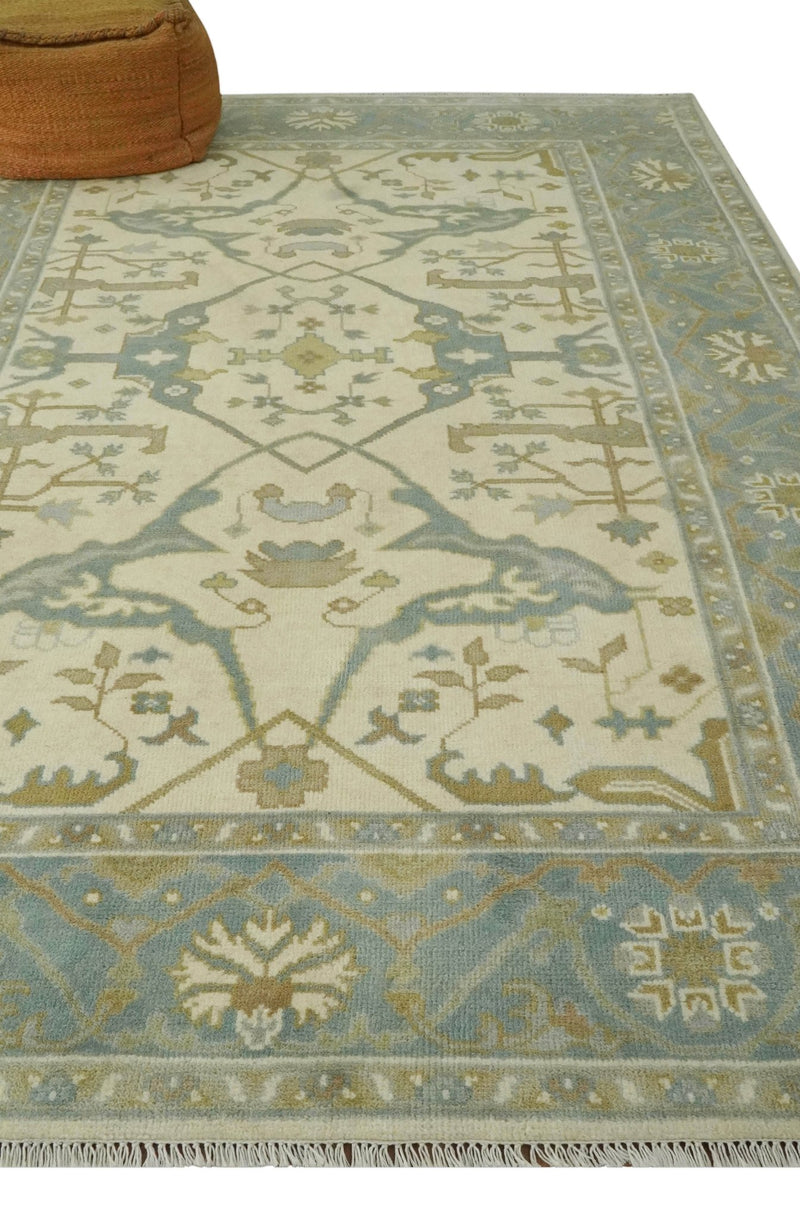 Ivory and Gray and Olive 6x9.6 Hand Knotted Traditional Oriental Oushak wool rug - The Rug Decor