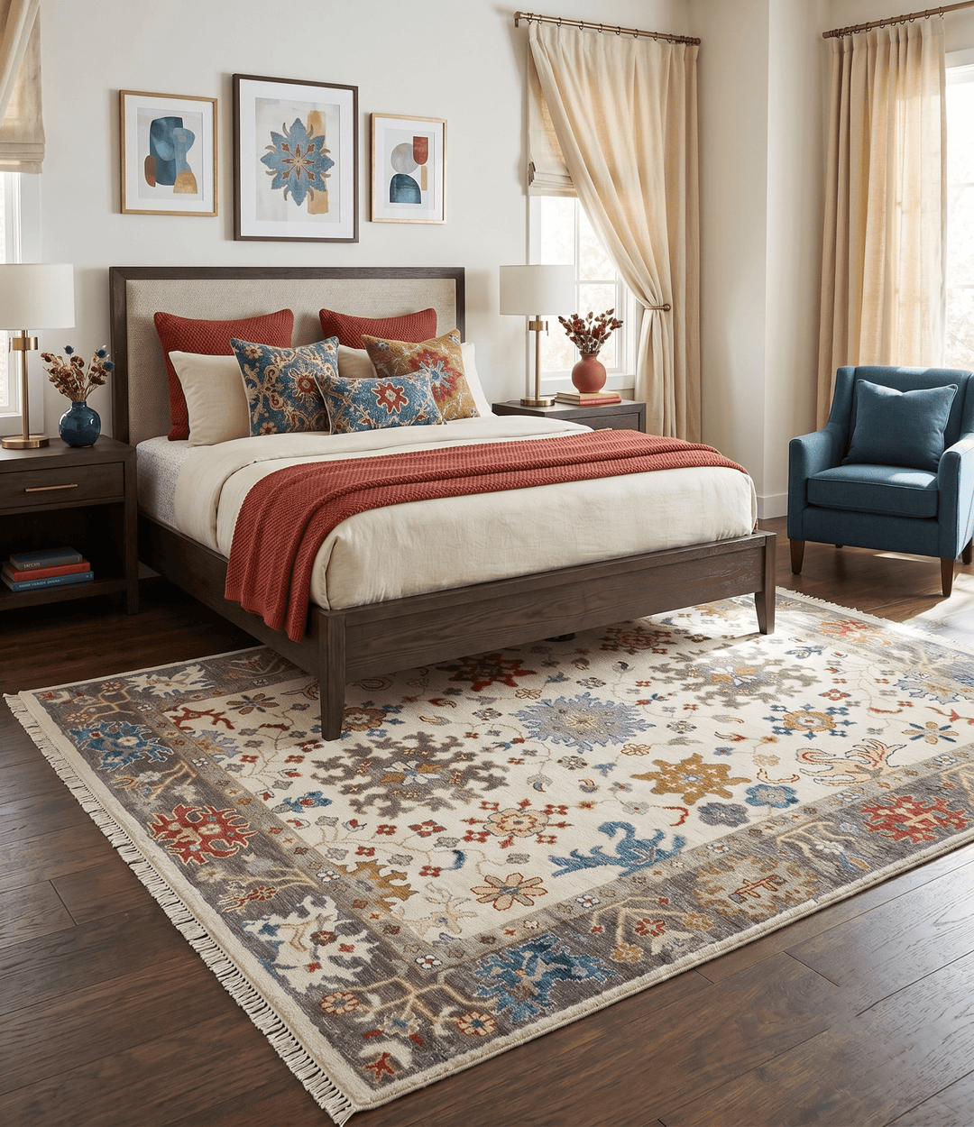 Ivory and Gray Floral Oushak Hand Knotted Custom Made Wool Area Rug - The Rug Decor