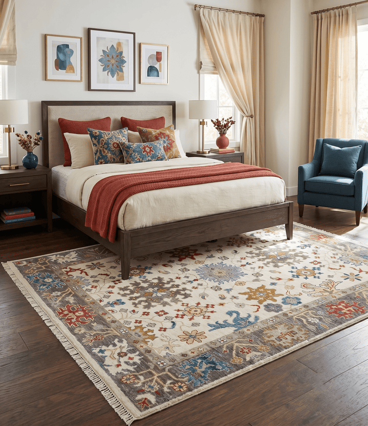 Ivory and Gray Floral Oushak Hand Knotted Custom Made Wool Area Rug - The Rug Decor