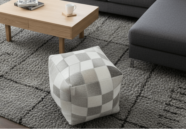 Ivory and Gray Genuine Leather Luxury Pouf - The Rug Decor