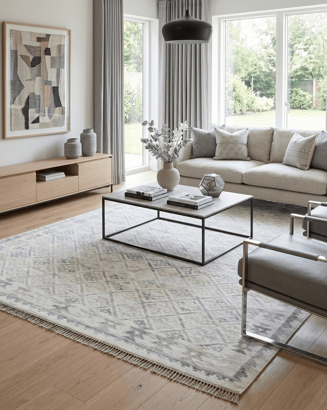 Ivory and Gray Modern Geometrical Hand Woven Wool Rug - The Rug Decor