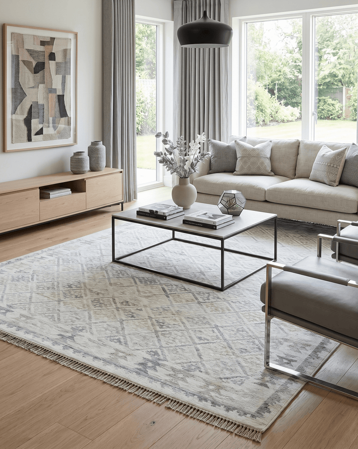 Ivory and Gray Modern Geometrical Hand Woven Wool Rug - The Rug Decor