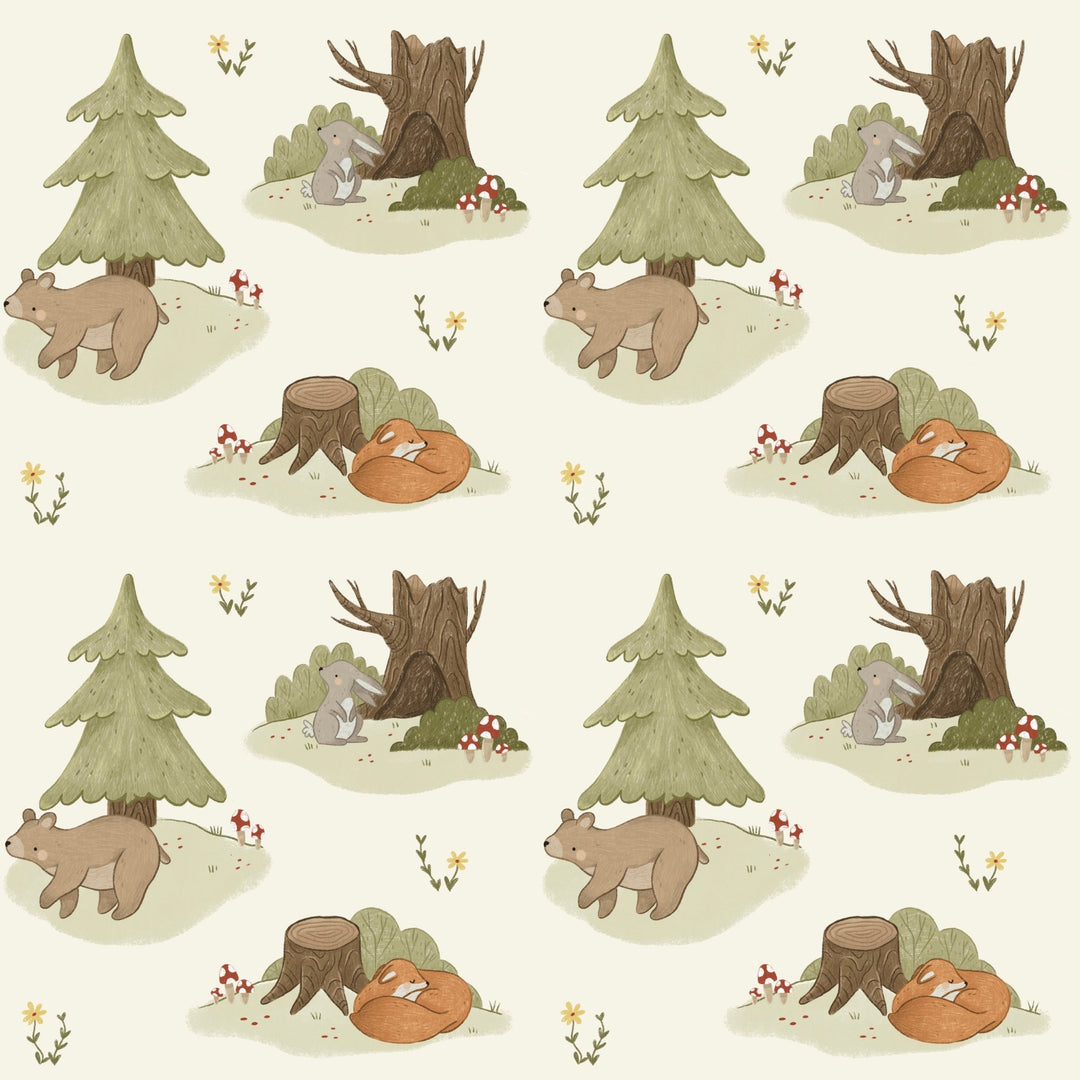 Ivory and Green Forest Animals Charming Woodland Nursery self - adhesive Wallpaper - The Rug Decor