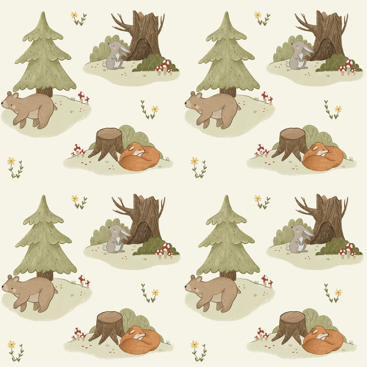 Ivory and Green Forest Animals Charming Woodland Nursery self - adhesive Wallpaper - The Rug Decor