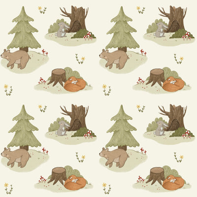 Ivory and Green Forest Animals Charming Woodland Nursery self - adhesive Wallpaper - The Rug Decor