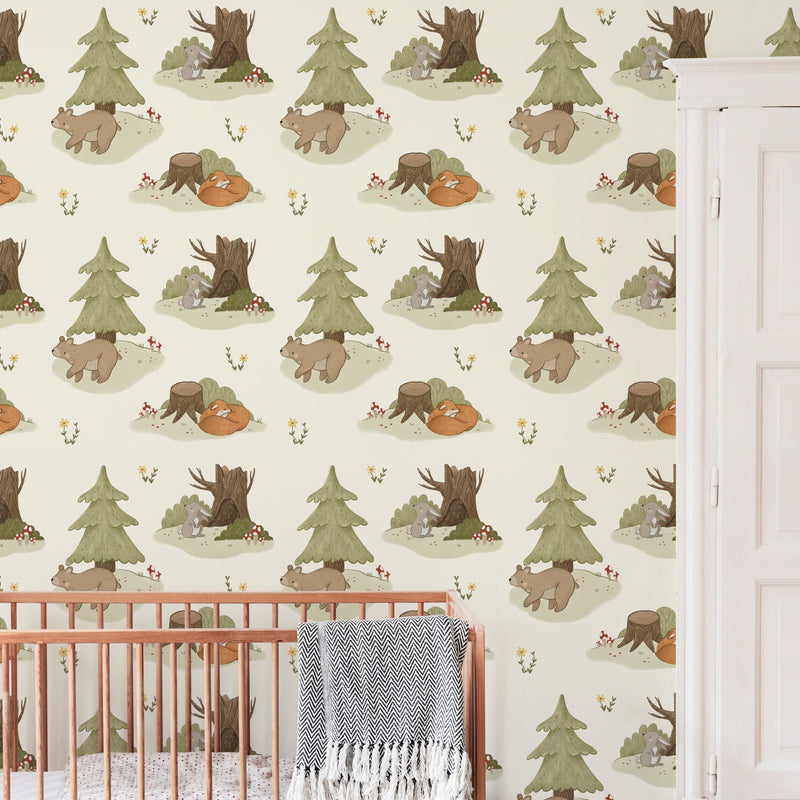 Ivory and Green Forest Animals Charming Woodland Nursery self - adhesive Wallpaper - The Rug Decor