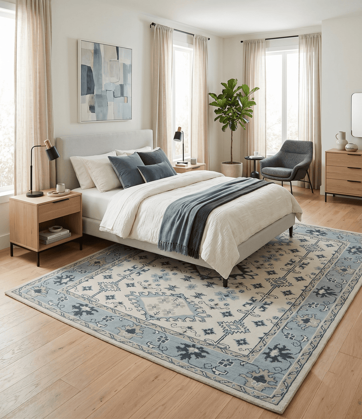 Ivory and Light Blue Traditional Oriental Hand Knotted Custom Made wool area Rug - The Rug Decor