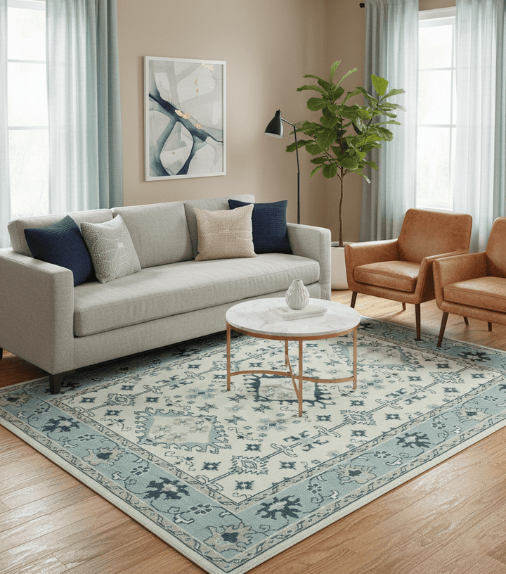 Ivory and Light Blue Traditional Oriental Hand Knotted Custom Made wool area Rug - The Rug Decor