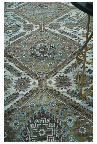 Ivory and Olive 8x10 Hand Knotted Traditional Design wool area rug - The Rug Decor