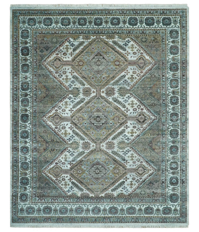 Ivory and Olive 8x10 Hand Knotted Traditional Design wool area rug - The Rug Decor