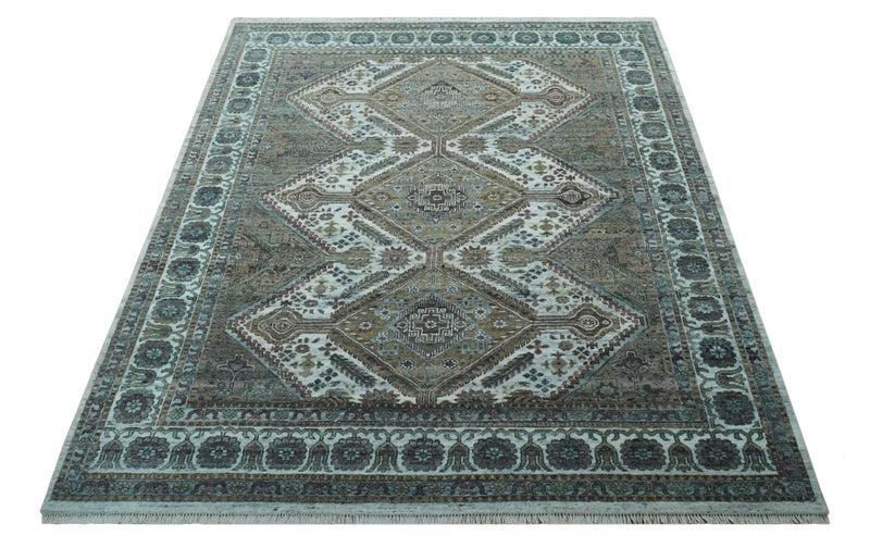 Ivory and Olive 8x10 Hand Knotted Traditional Design wool area rug - The Rug Decor