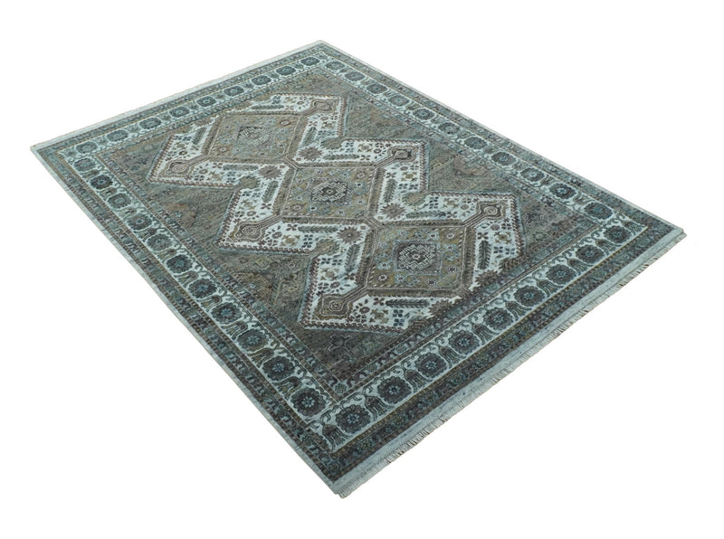 Ivory and Olive 8x10 Hand Knotted Traditional Design wool area rug - The Rug Decor