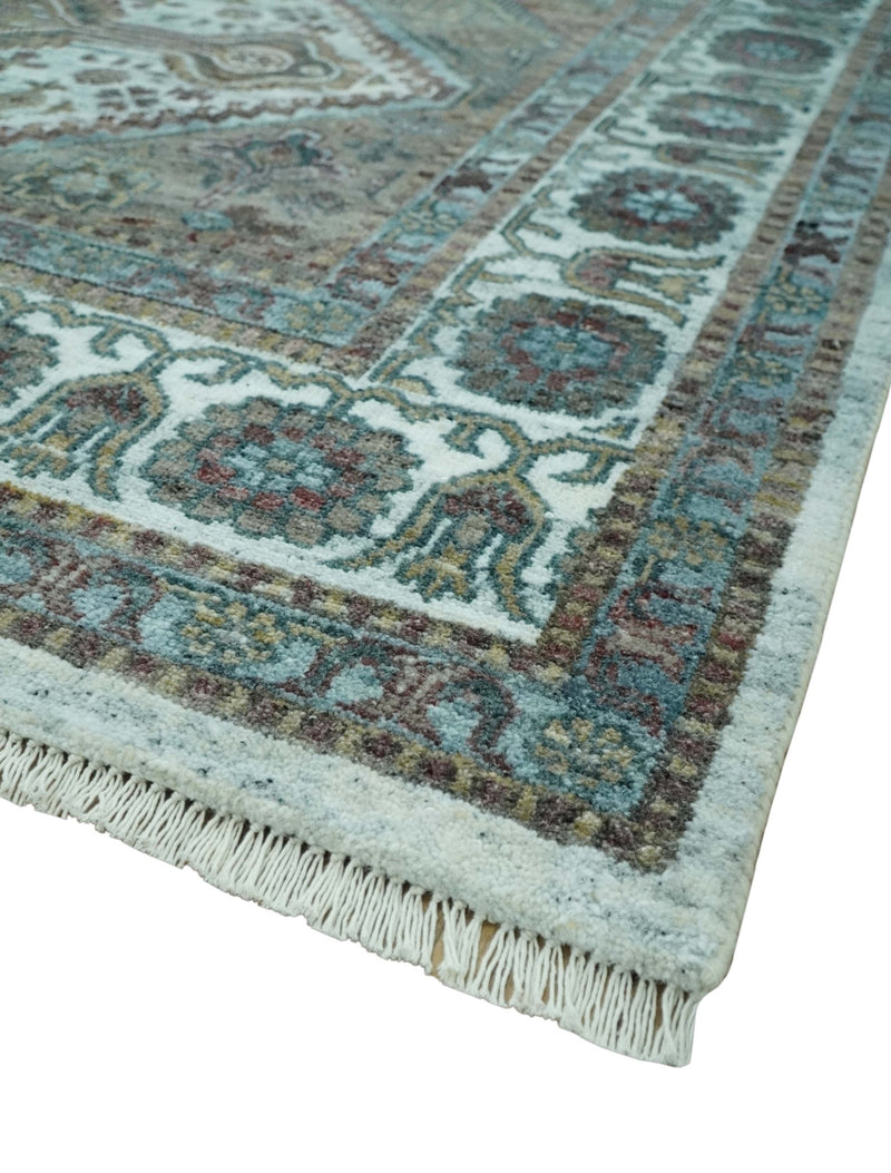 Ivory and Olive 8x10 Hand Knotted Traditional Design wool area rug - The Rug Decor