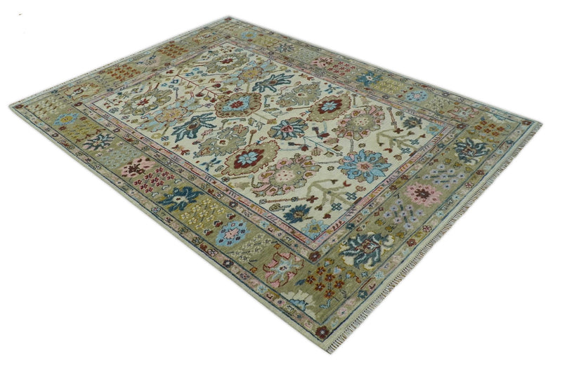 Ivory and Olive 9x12 Hand Knotted Traditional Oushak wool rug - The Rug Decor