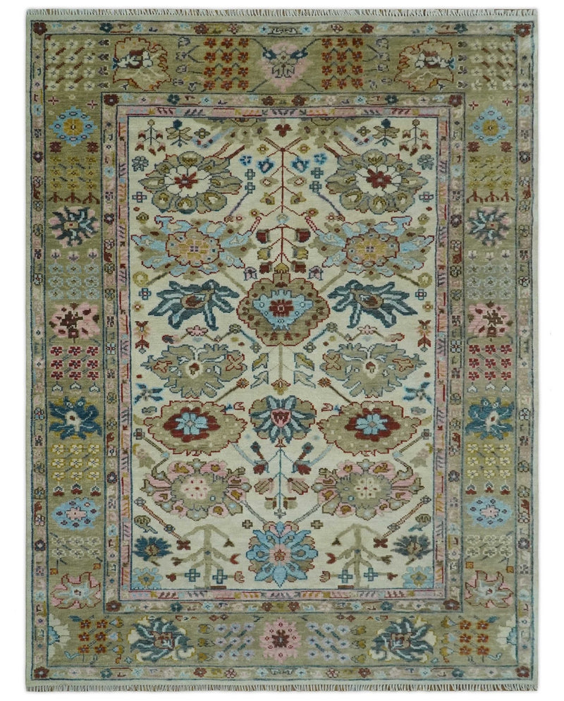 Ivory and Olive 9x12 Hand Knotted Traditional Oushak wool rug - The Rug Decor