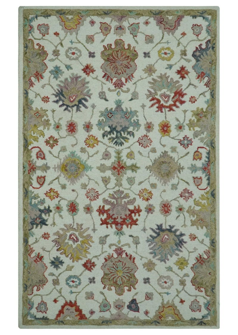 Ivory and Olive Traditional Oushak 5x8 Hand Tufted wool area rug - The Rug Decor