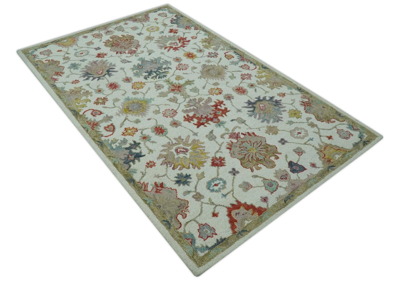 Ivory and Olive Traditional Oushak 5x8 Hand Tufted wool area rug - The Rug Decor