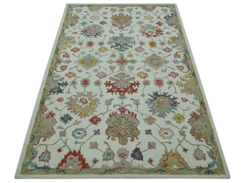 Ivory and Olive Traditional Oushak 5x8 Hand Tufted wool area rug - The Rug Decor