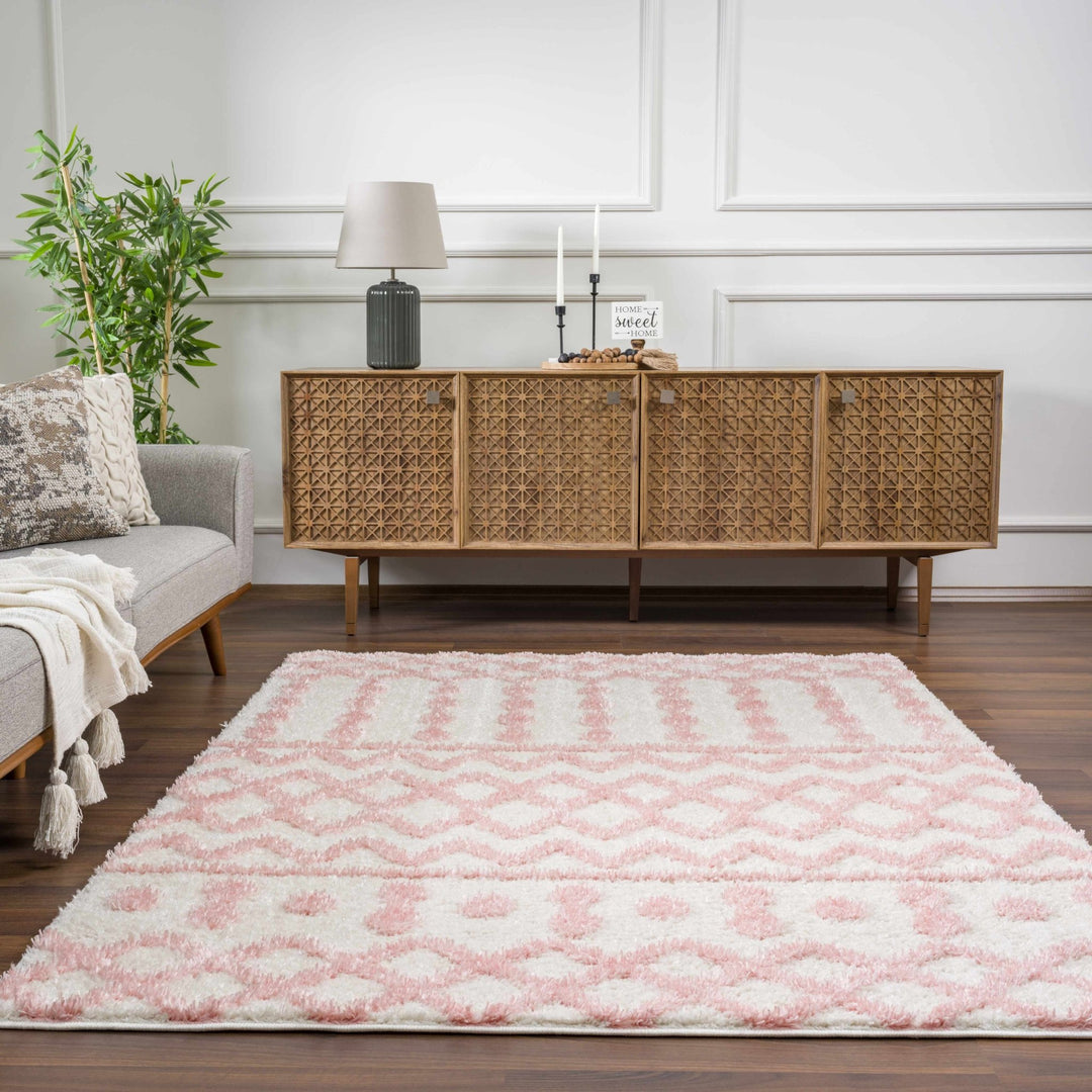 Ivory and Peach Tribal Design High low Texture Plush Pile Area Rug - The Rug Decor