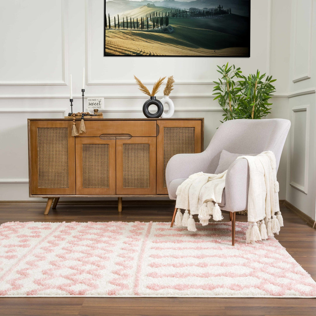 Ivory and Peach Tribal Design High low Texture Plush Pile Area Rug - The Rug Decor