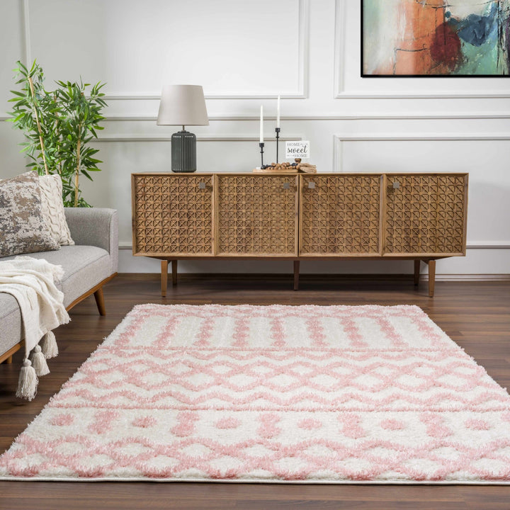 Ivory and Peach Tribal Design High low Texture Plush Pile Area Rug - The Rug Decor