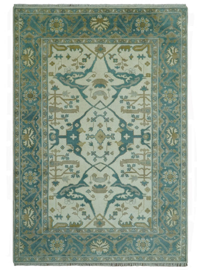 Ivory and Teal Hand Knotted 6x9 Traditional Oriental Oushak wool area rug - The Rug Decor