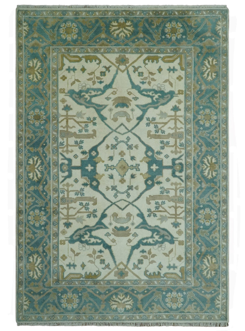 Ivory and Teal Hand Knotted 6x9 Traditional Oriental Oushak wool area rug - The Rug Decor