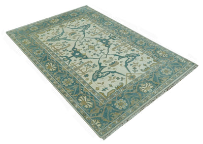 Ivory and Teal Hand Knotted 6x9 Traditional Oriental Oushak wool area rug - The Rug Decor