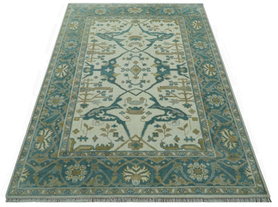 Ivory and Teal Hand Knotted 6x9 Traditional Oriental Oushak wool area rug - The Rug Decor