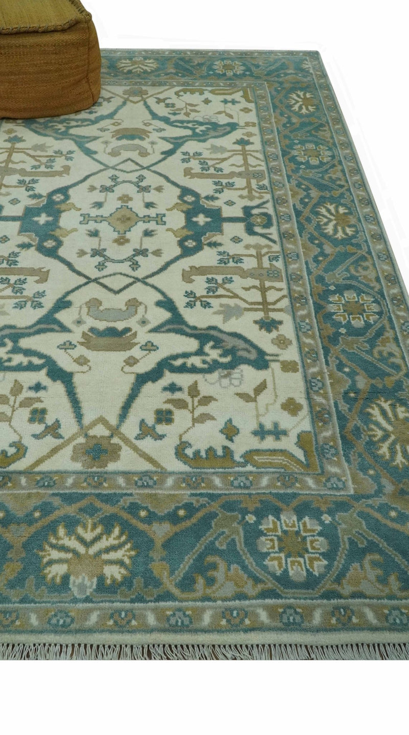 Ivory and Teal Hand Knotted 6x9 Traditional Oriental Oushak wool area rug - The Rug Decor