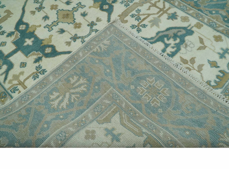 Ivory and Teal Hand Knotted 6x9 Traditional Oriental Oushak wool area rug - The Rug Decor