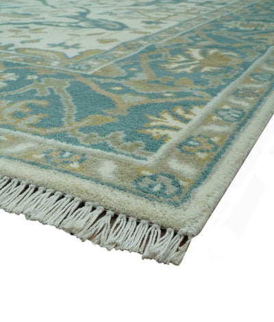 Ivory and Teal Hand Knotted 6x9 Traditional Oriental Oushak wool area rug - The Rug Decor