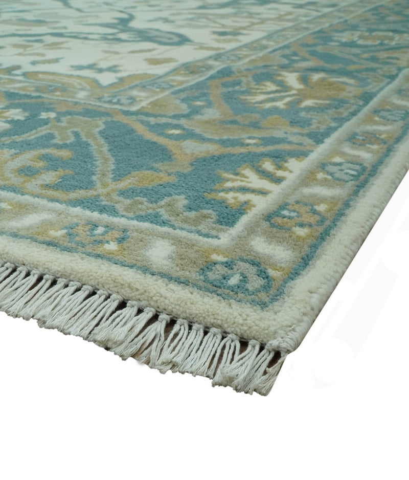 Ivory and Teal Hand Knotted 6x9 Traditional Oriental Oushak wool area rug - The Rug Decor