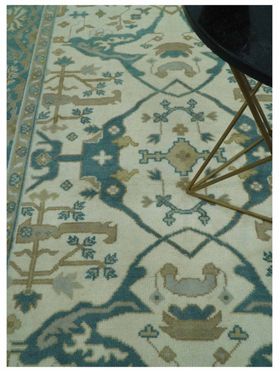 Ivory and Teal Hand Knotted 6x9 Traditional Oriental Oushak wool area rug - The Rug Decor