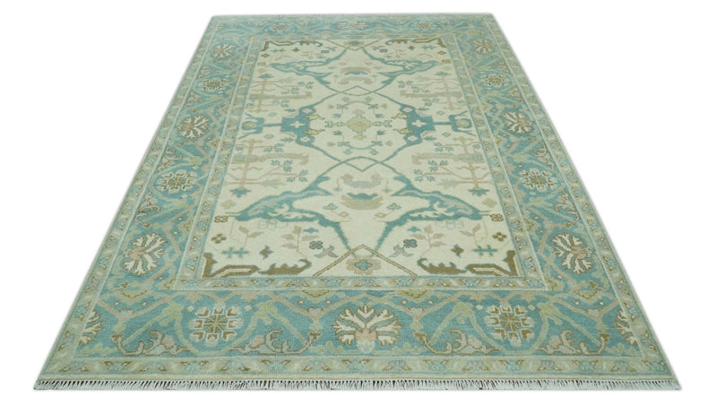 Ivory and Teal Hand Knotted 6x9 Traditional Oriental Oushak wool rug - The Rug Decor