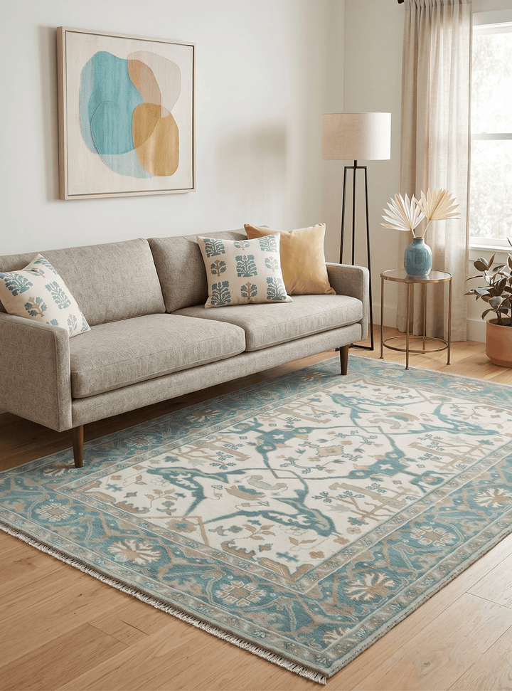 Ivory and Teal Hand Knotted Traditional Oriental Oushak Multi size wool area rug - The Rug Decor